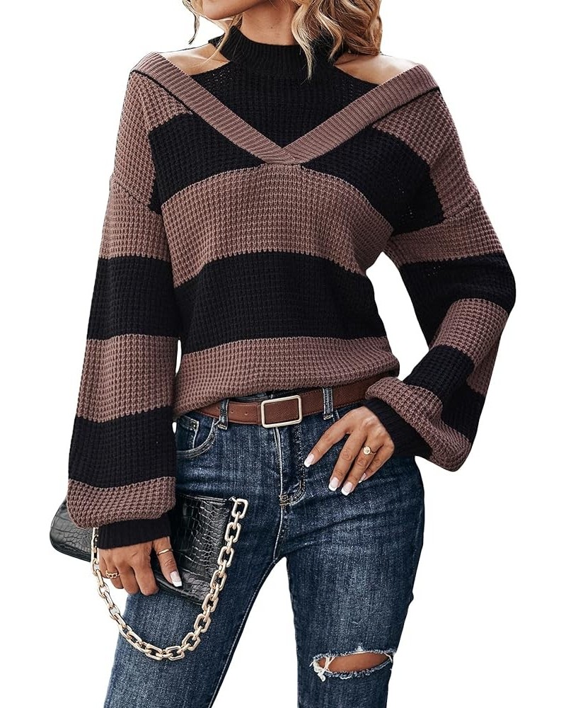 Women's Cable Knit Cold Shoulder High Neck Lantern Sleeve Sweater Pullover Jumper Top Brown Black $16.40 Sweaters