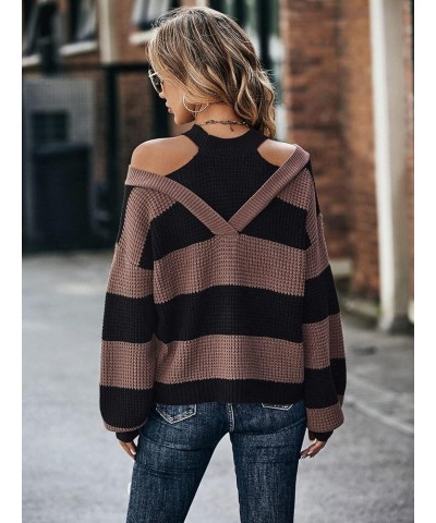 Women's Cable Knit Cold Shoulder High Neck Lantern Sleeve Sweater Pullover Jumper Top Brown Black $16.40 Sweaters