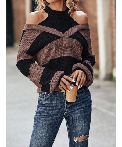 Women's Cable Knit Cold Shoulder High Neck Lantern Sleeve Sweater Pullover Jumper Top Brown Black $16.40 Sweaters