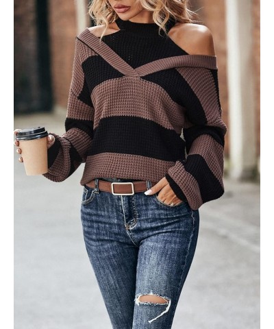 Women's Cable Knit Cold Shoulder High Neck Lantern Sleeve Sweater Pullover Jumper Top Brown Black $16.40 Sweaters