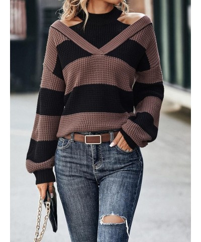 Women's Cable Knit Cold Shoulder High Neck Lantern Sleeve Sweater Pullover Jumper Top Brown Black $16.40 Sweaters