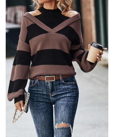 Women's Cable Knit Cold Shoulder High Neck Lantern Sleeve Sweater Pullover Jumper Top Brown Black $16.40 Sweaters