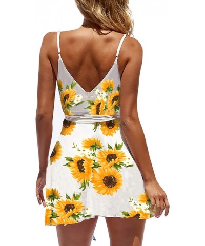 Womens V-Neck Spaghetti Strap Bowknot Backless Sleeveless Lace Mini Swing Skater Dress 594 White Sunflower $19.94 Dresses