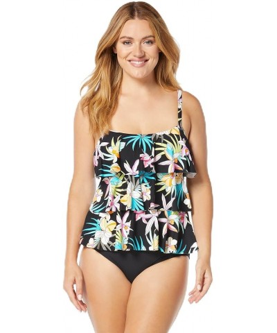 Jane Ruffle Tankini Top — Figure Flattering Modest Ruffled Swimsuit Top Tropic Bloom Black $33.60 Swimsuits