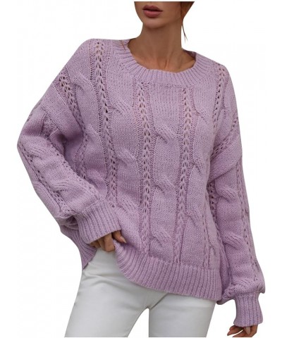 Women's Fall Sweaters Autumn and Winter Solid Round Neck Long Sleeve Knit Sweater Pullover Purple $9.46 Sweaters