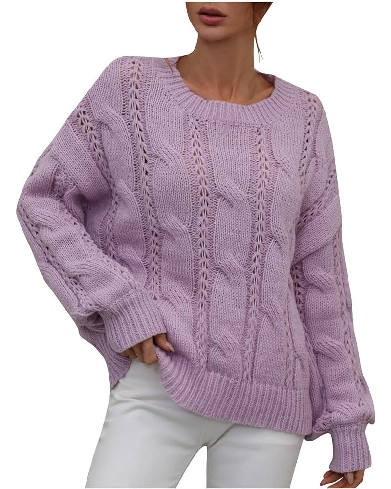 Women's Fall Sweaters Autumn and Winter Solid Round Neck Long Sleeve Knit Sweater Pullover Purple $9.46 Sweaters