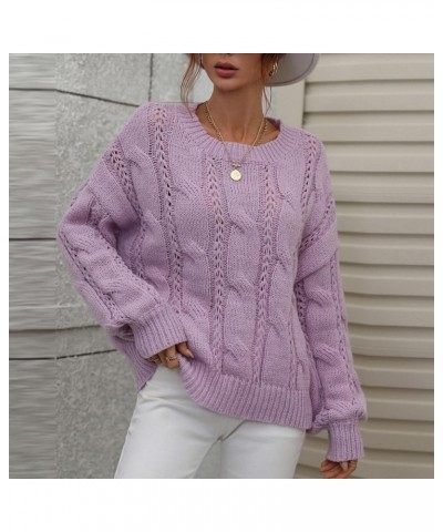 Women's Fall Sweaters Autumn and Winter Solid Round Neck Long Sleeve Knit Sweater Pullover Purple $9.46 Sweaters