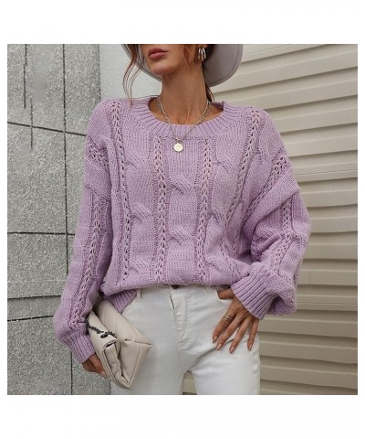 Women's Fall Sweaters Autumn and Winter Solid Round Neck Long Sleeve Knit Sweater Pullover Purple $9.46 Sweaters