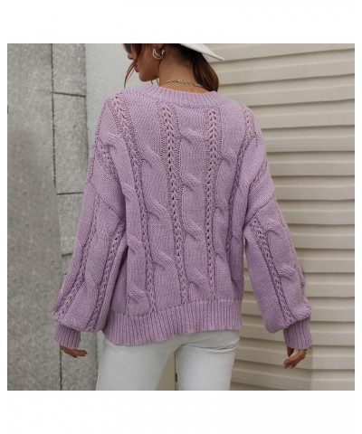 Women's Fall Sweaters Autumn and Winter Solid Round Neck Long Sleeve Knit Sweater Pullover Purple $9.46 Sweaters