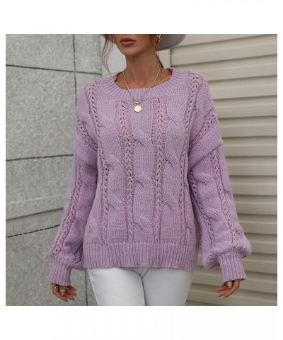 Women's Fall Sweaters Autumn and Winter Solid Round Neck Long Sleeve Knit Sweater Pullover Purple $9.46 Sweaters