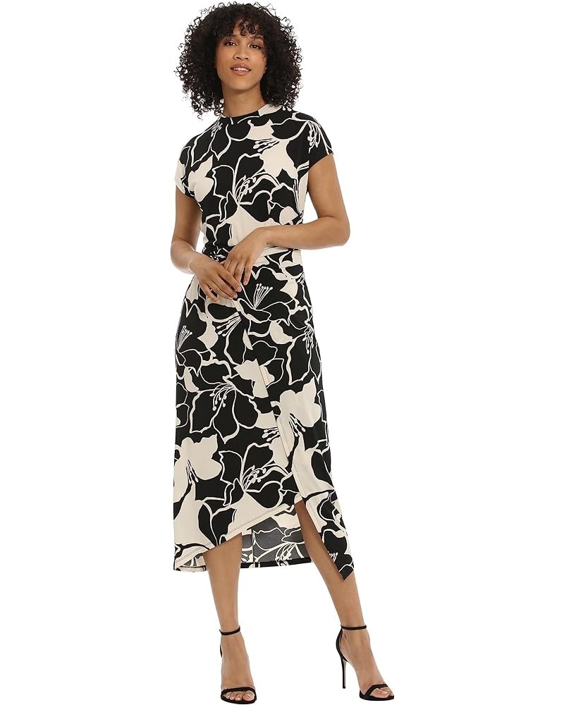 Women's Short Sleeve Mock Neck Wrap Look with Asymmetric High Low Midi Hem Black/Ivory $40.04 Blouses