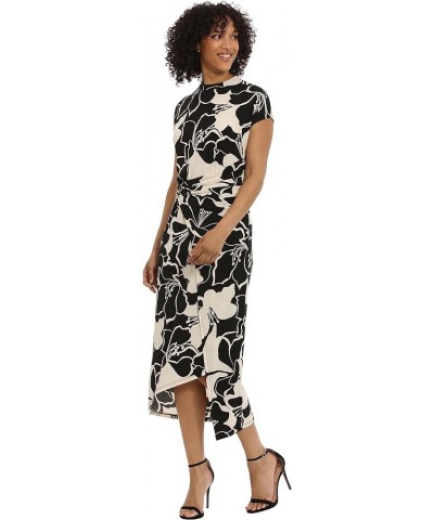 Women's Short Sleeve Mock Neck Wrap Look with Asymmetric High Low Midi Hem Black/Ivory $40.04 Blouses