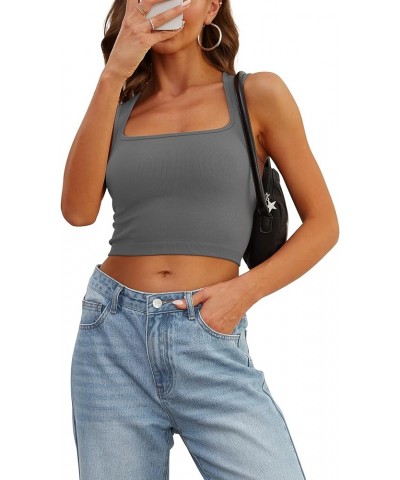 Womens Square Neck Crop Tops Sleeveless Seamless Going Out Tank Tops Trendy C-grey $8.69 Tanks