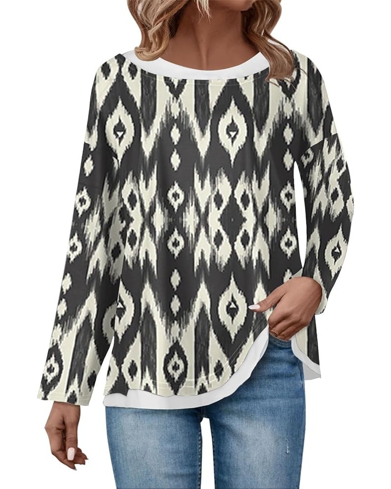 Womens Long Sleeve Tops Fall Ethnic Floral Double Layers Long Sleeve Shirt Crewneck Blouses Winter Graphic Sweatshirts X19-gr...