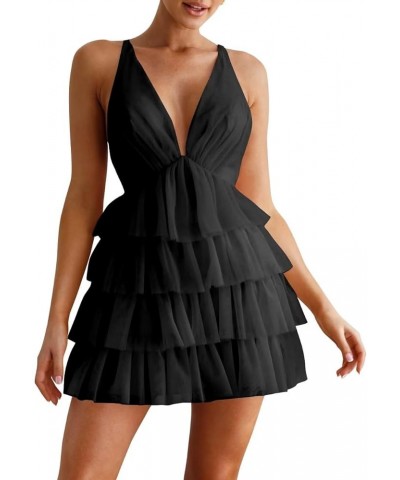 Women's Sleeveless Crisscross Backless Deep V Neck Adjustable Spaghetti Strap Tiered Frill Tulle Mini Dress Black $35.55 Dresses