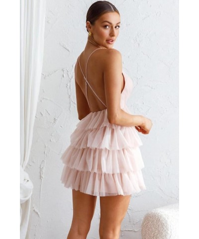 Women's Sleeveless Crisscross Backless Deep V Neck Adjustable Spaghetti Strap Tiered Frill Tulle Mini Dress Black $35.55 Dresses