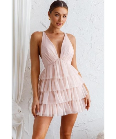 Women's Sleeveless Crisscross Backless Deep V Neck Adjustable Spaghetti Strap Tiered Frill Tulle Mini Dress Black $35.55 Dresses