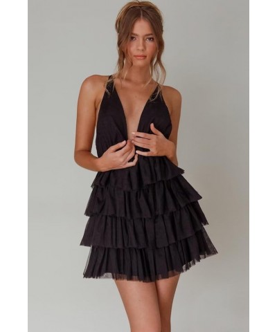 Women's Sleeveless Crisscross Backless Deep V Neck Adjustable Spaghetti Strap Tiered Frill Tulle Mini Dress Black $35.55 Dresses