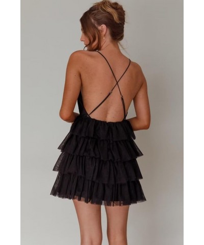 Women's Sleeveless Crisscross Backless Deep V Neck Adjustable Spaghetti Strap Tiered Frill Tulle Mini Dress Black $35.55 Dresses