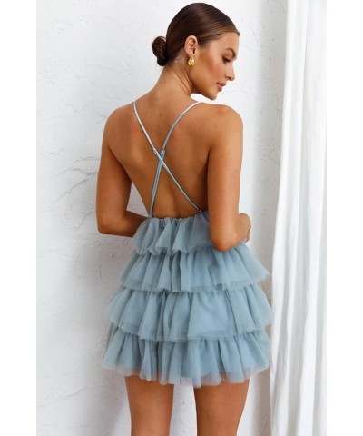 Women's Sleeveless Crisscross Backless Deep V Neck Adjustable Spaghetti Strap Tiered Frill Tulle Mini Dress Black $35.55 Dresses