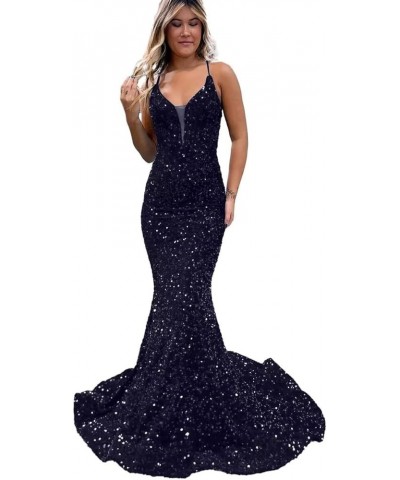 Mermaid Prom Dresses Long Sparkly Sequin Spaghetti Strap V Neck Backless Formal Evening Gowns for Women Navy Blue $42.07 Dresses