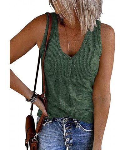 Womens V Neck Tank Tops Summer Sleeveless Ribbed Button Casual Henley Shirts Dustygreen $11.50 Tanks