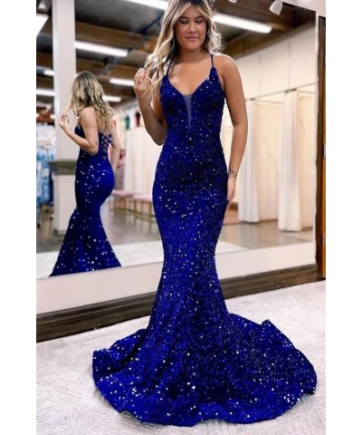 Mermaid Prom Dresses Long Sparkly Sequin Spaghetti Strap V Neck Backless Formal Evening Gowns for Women Navy Blue $42.07 Dresses