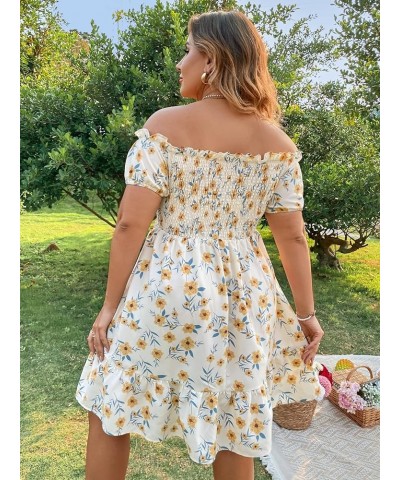 Women's Plus Size Ruffle Off Shoulder Floral Print Short Summer Dress Yellow $16.40 Dresses