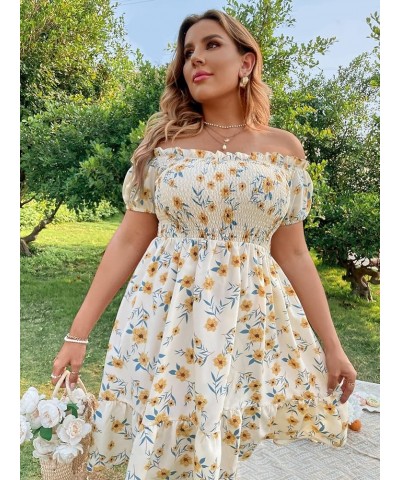 Women's Plus Size Ruffle Off Shoulder Floral Print Short Summer Dress Yellow $16.40 Dresses