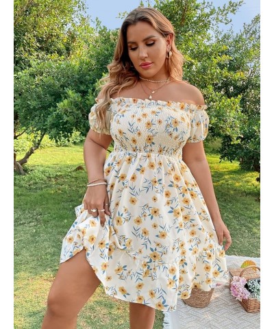 Women's Plus Size Ruffle Off Shoulder Floral Print Short Summer Dress Yellow $16.40 Dresses