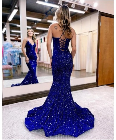 Mermaid Prom Dresses Long Sparkly Sequin Spaghetti Strap V Neck Backless Formal Evening Gowns for Women Navy Blue $42.07 Dresses