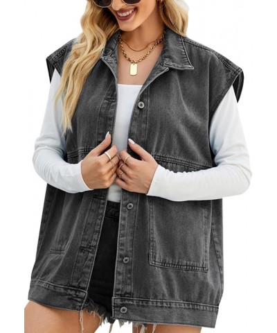 Women’s Vintage Washed Distressed Denim Vest Loose Mid Long Jean Vest Casual Sleeveless Denim Jacket Black Grey $23.32 Jackets