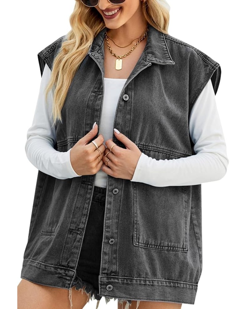 Women’s Vintage Washed Distressed Denim Vest Loose Mid Long Jean Vest Casual Sleeveless Denim Jacket Black Grey $23.32 Jackets