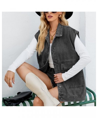 Women’s Vintage Washed Distressed Denim Vest Loose Mid Long Jean Vest Casual Sleeveless Denim Jacket Black Grey $23.32 Jackets