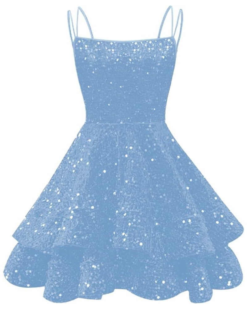 Spaghetti Straps Sequin Homecoming Dresses for Teens Sparkly Tiered Short Prom Dresses 2024 Wedding Party Dress Light Blue $5...