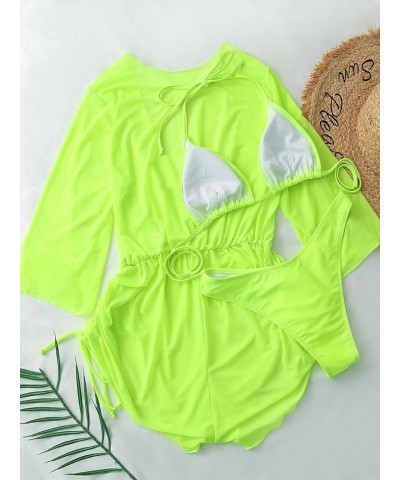 Women's 3 Piece Swimsuit Plain Sexy Drawstring Side Halter Triangle Bikini Set with Cover Up Lime Green $20.89 Swimsuits