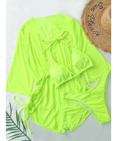 Women's 3 Piece Swimsuit Plain Sexy Drawstring Side Halter Triangle Bikini Set with Cover Up Lime Green $20.89 Swimsuits