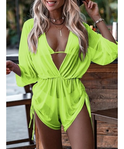 Women's 3 Piece Swimsuit Plain Sexy Drawstring Side Halter Triangle Bikini Set with Cover Up Lime Green $20.89 Swimsuits