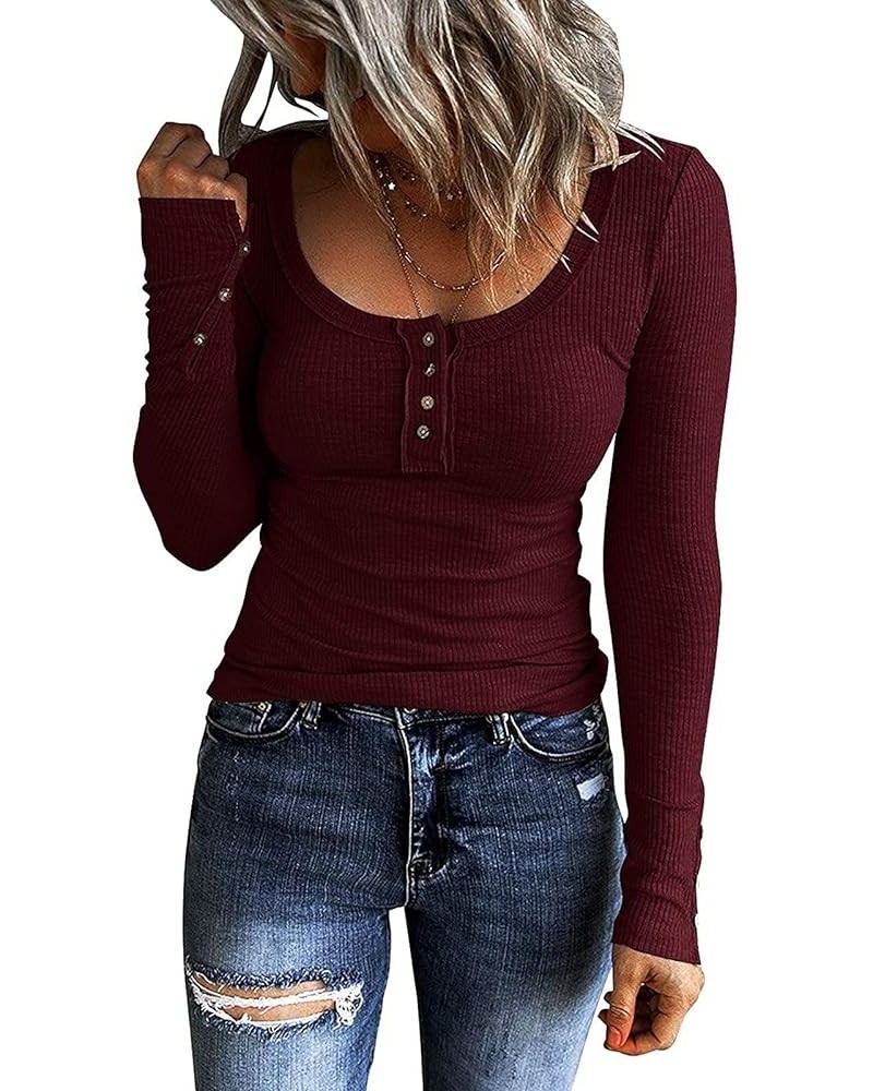 Womens Fall Fashion Ribbed Long Sleeve Scoop Neck Henley T Shirts Button Down Slim Fit Tops Solid Shirts 1-wine $10.33 Active...