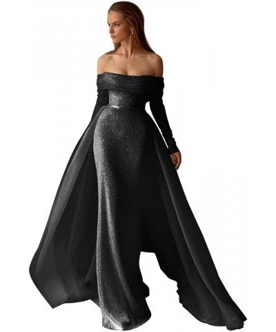 Sparkly Mermaid Prom Dress for Women Off The Shoulder Long Sleeve Sequin Detachable Train Formal Evening Ball Gown Black $42....