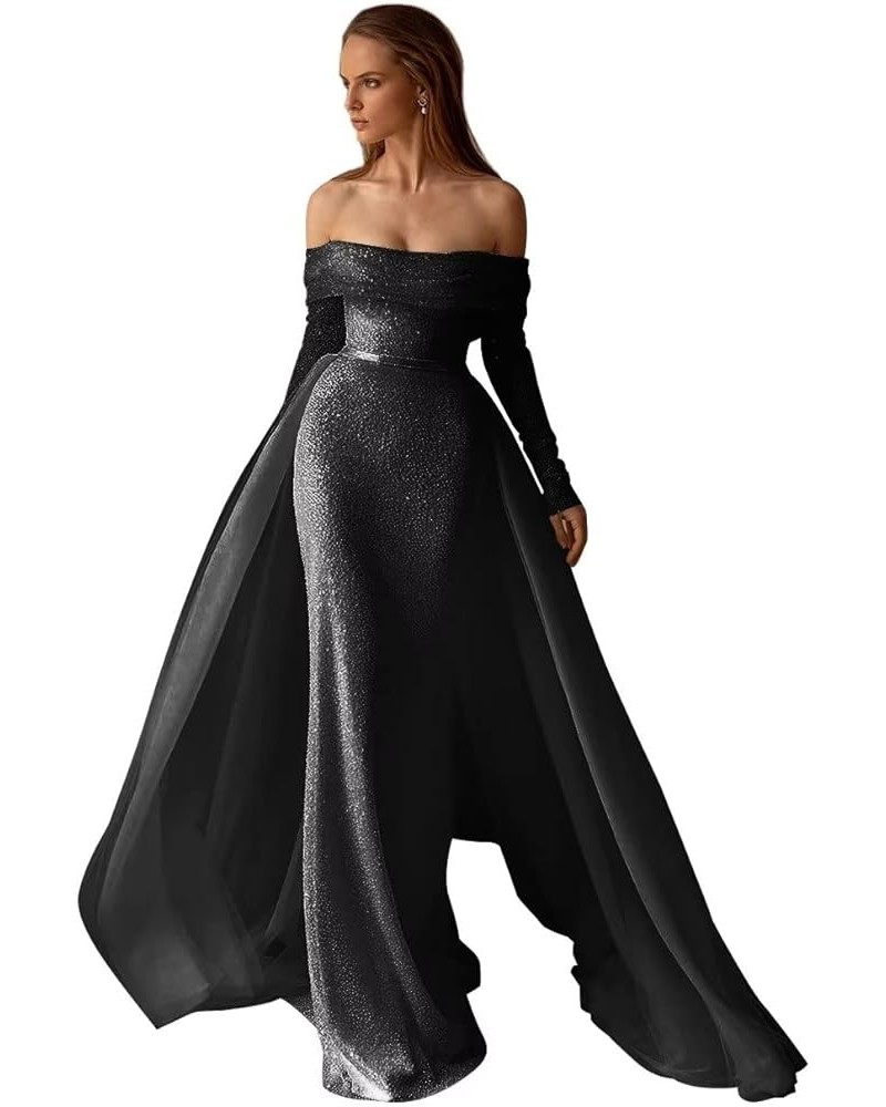 Sparkly Mermaid Prom Dress for Women Off The Shoulder Long Sleeve Sequin Detachable Train Formal Evening Ball Gown Black $42....