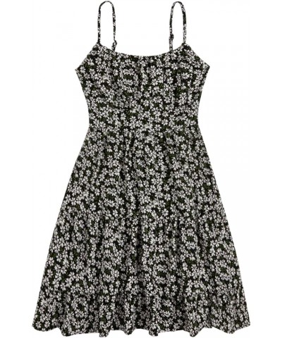 Girl's Spaghetti Strap Ruched Cami Dress Floral Print Ruffle Flared Mini Dresses Black and White $19.88 Dresses