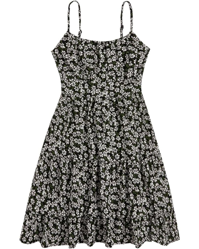 Girl's Spaghetti Strap Ruched Cami Dress Floral Print Ruffle Flared Mini Dresses Black and White $19.88 Dresses