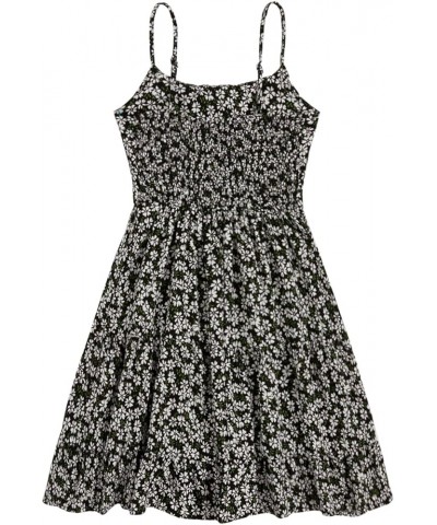 Girl's Spaghetti Strap Ruched Cami Dress Floral Print Ruffle Flared Mini Dresses Black and White $19.88 Dresses