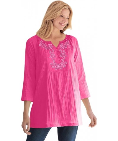 Women's Plus Size Embroidered Crinkle Tunic Raspberry Sorbet Rose Embroidery $17.08 Tops