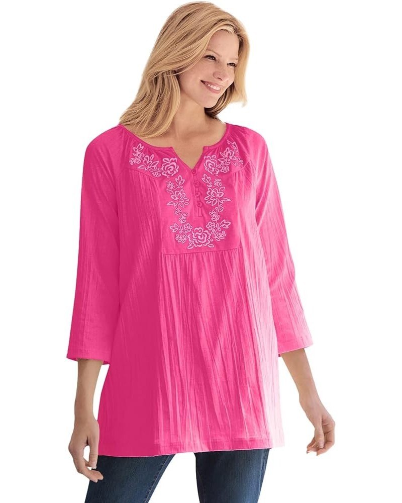 Women's Plus Size Embroidered Crinkle Tunic Raspberry Sorbet Rose Embroidery $17.08 Tops