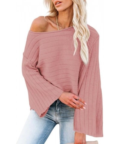 Womens 2023 Fall Crewneck Batwing Sleeve Casual One Shoulder Tops Ribbed Knit Pullover Sweaters Pink $13.74 Sweaters