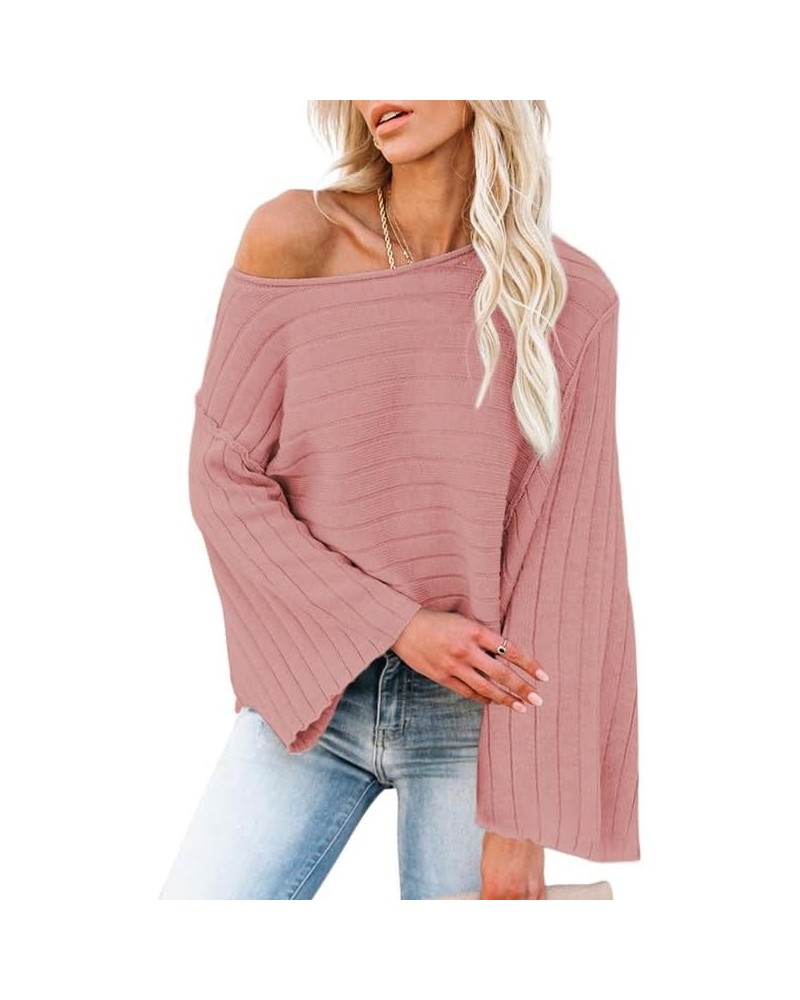 Womens 2023 Fall Crewneck Batwing Sleeve Casual One Shoulder Tops Ribbed Knit Pullover Sweaters Pink $13.74 Sweaters