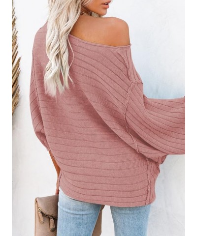 Womens 2023 Fall Crewneck Batwing Sleeve Casual One Shoulder Tops Ribbed Knit Pullover Sweaters Pink $13.74 Sweaters