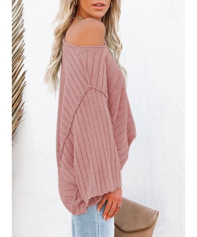 Womens 2023 Fall Crewneck Batwing Sleeve Casual One Shoulder Tops Ribbed Knit Pullover Sweaters Pink $13.74 Sweaters